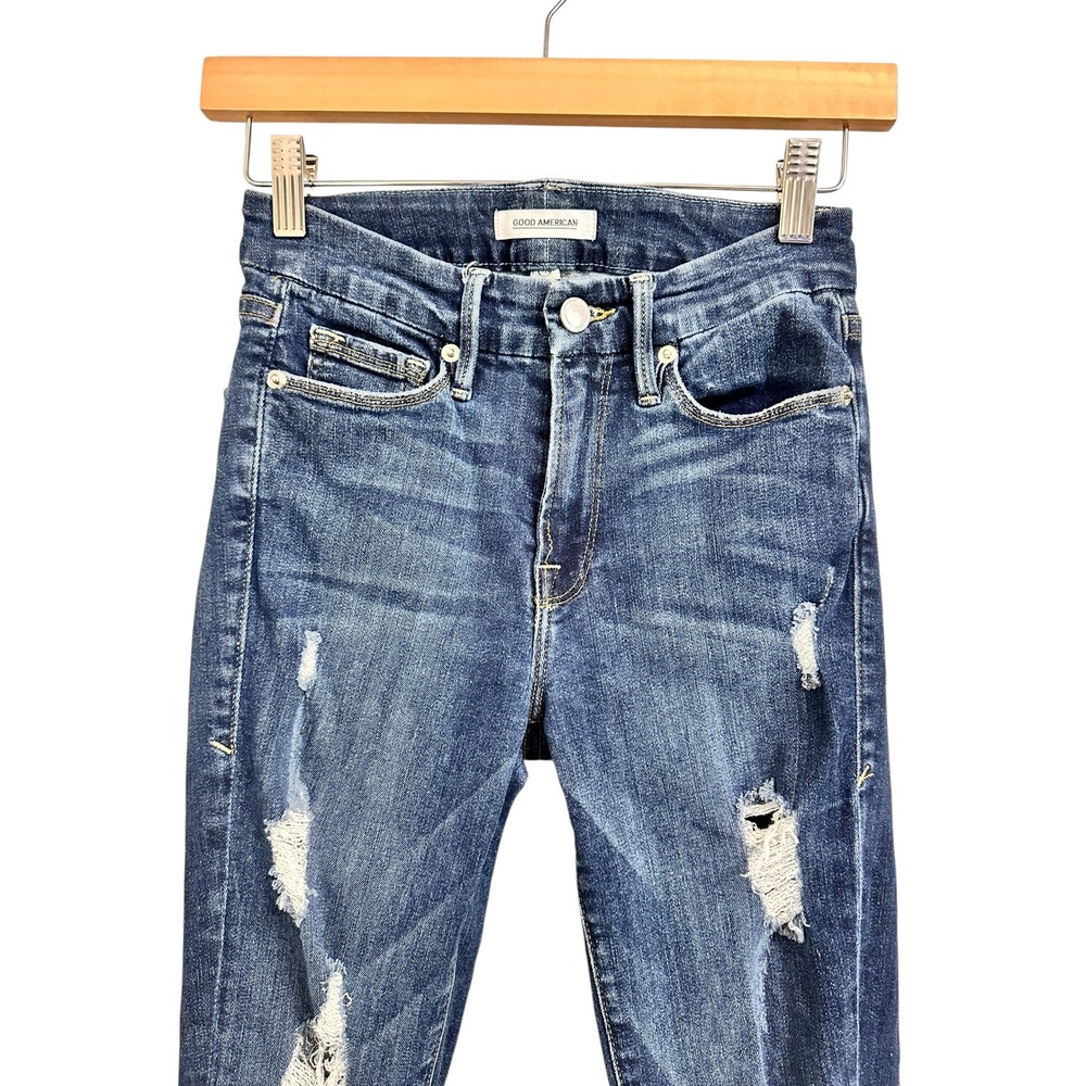 GOOD AMERICAN Good Legs High Rise Distressed Skinny Jeans size 24 - Picture 2 of 6